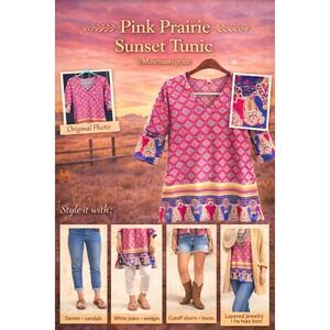 Pink Prairie Sunset Tunic V-Neck Paisley Border 3/4 Sleeve Boho Top